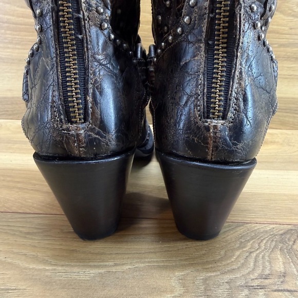 DAN POST Sexy Back Harness Boots 6.5 M Distressed Black Brown Studded Heeled - Picture 7 of 11